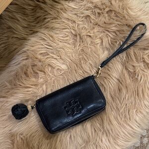 Tory Burch Black Leather Wristlet Wallet with Tassel